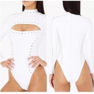 Gigi C swimsuit surfsuit medium M white scuba cutout beach long sleeve alexis